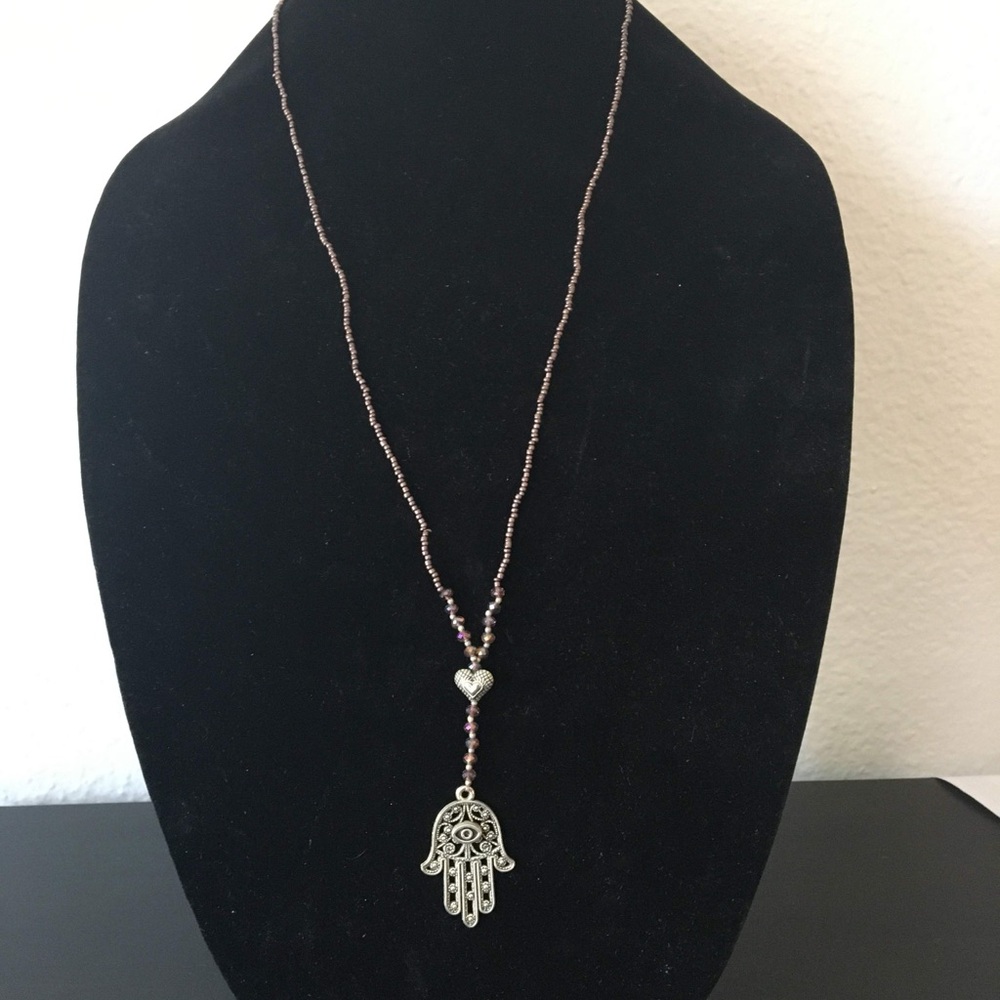 Silver and Purple Hamsa Pendant Beaded Necklace